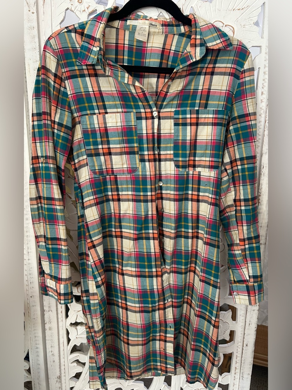 Ellison Teal, Cream & Coral Plaid Button-Down Shirtdress